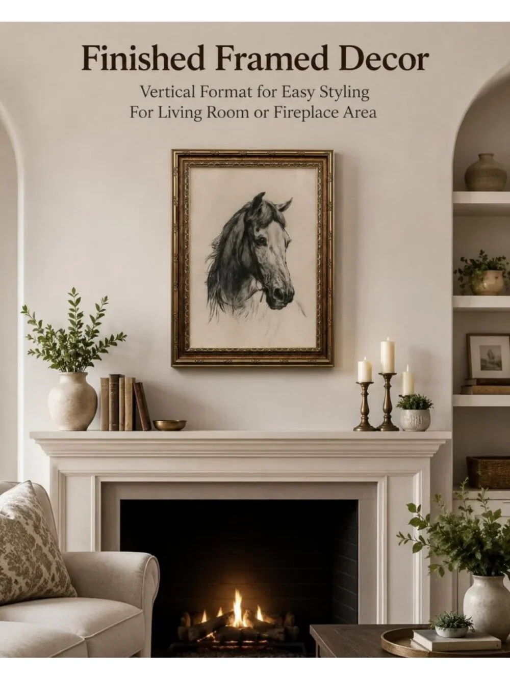 Elegant Gold Framed Horse Head Sketch Wall Art | Equestrian Canvas Print 16x24
